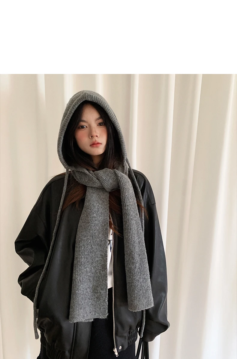 Thick And Warm Solid Color Hooded Scarf For Women Versatile And Korean-Style Student Scarf