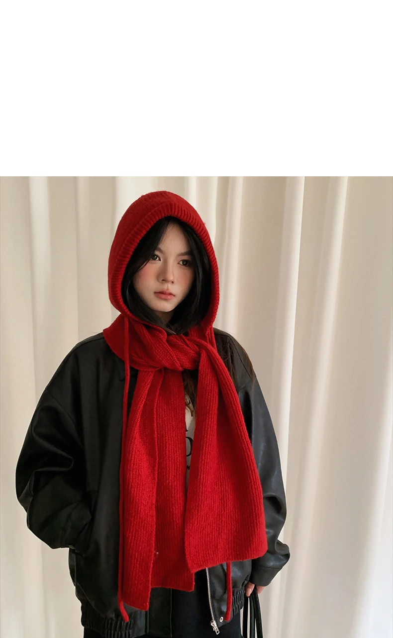 Thick And Warm Solid Color Hooded Scarf For Women Versatile And Korean-Style Student Scarf