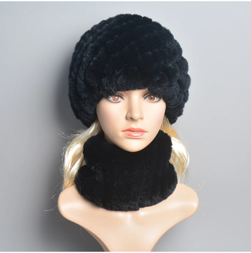 Women Knit Real Rex Rabbit Fur Hat Scarf Sets Natural Warm Rex Rabbit Fur Scarves Hat Winter Lady Real Rex Rabbit Fur Hat Scarf