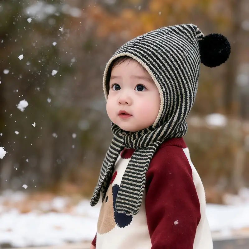 Hot Sale Kids Autumn-Winter Warm Thick Knit Hat Scarf Set Versatile Wool Knitted Ear Protector Cap Skullies For Boys And Girls
