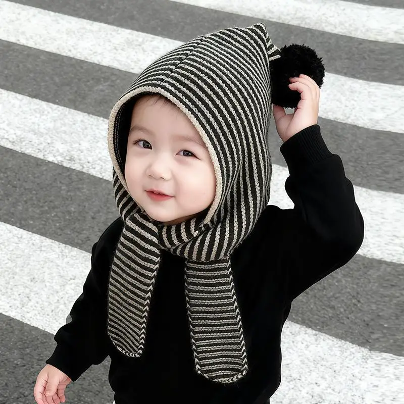Hot Sale Kids Autumn-Winter Warm Thick Knit Hat Scarf Set Versatile Wool Knitted Ear Protector Cap Skullies For Boys And Girls