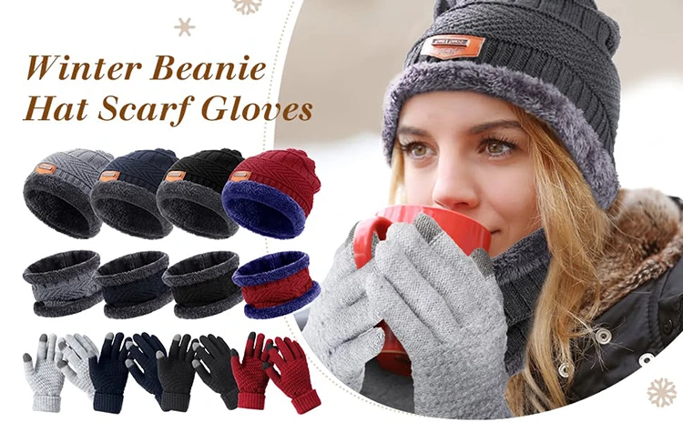2026 Winter Men Women Thick Beanie Hat Knitted Hat Winter Cap Beanie Female Wool Neck Scarf Cap Balaclava Mask Bonnet Hats Set