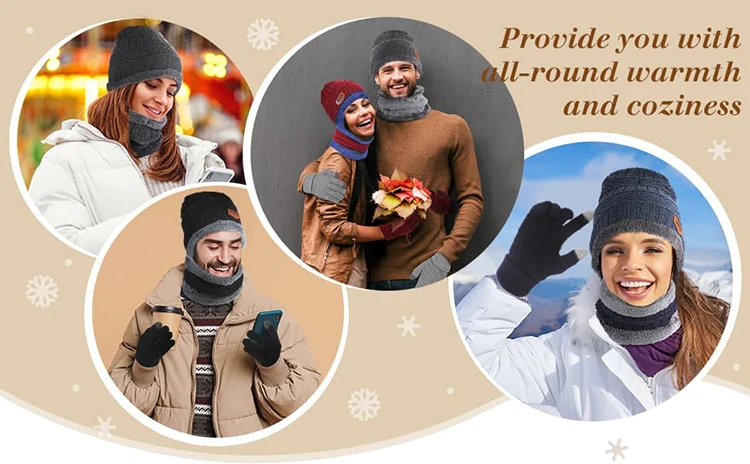 2026 Winter Men Women Thick Beanie Hat Knitted Hat Winter Cap Beanie Female Wool Neck Scarf Cap Balaclava Mask Bonnet Hats Set