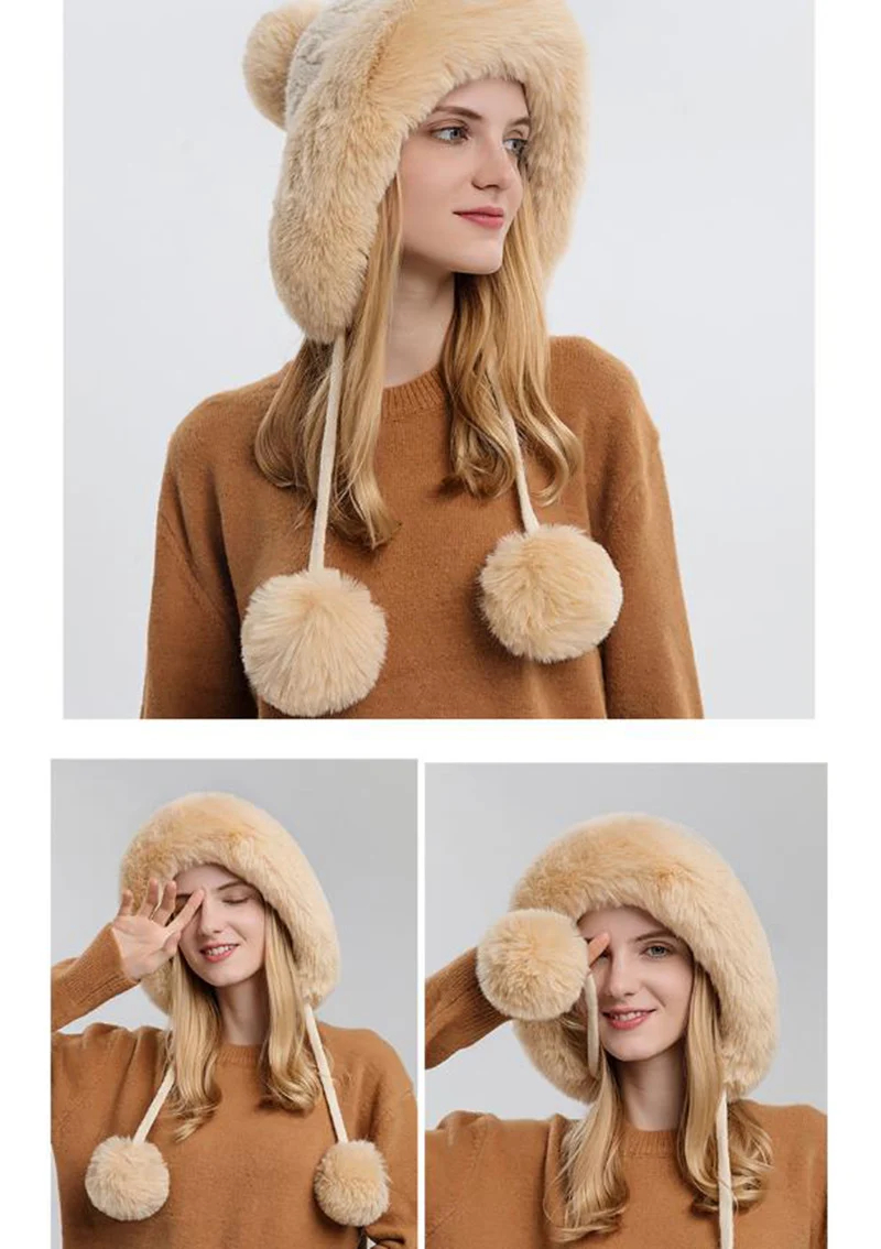 Winter Hat For Women Hooded Face Mask Fluff Keep Warm Thicken Style Neck Scarf Hooded Cap Beanie Knitted Cashmere Neck Warmer