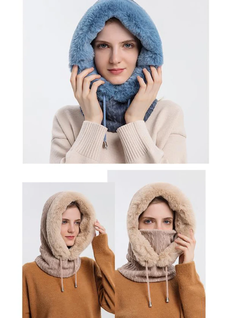 Winter Hat For Women Hooded Face Mask Fluff Keep Warm Thicken Style Neck Scarf Hooded Cap Beanie Knitted Cashmere Neck Warmer