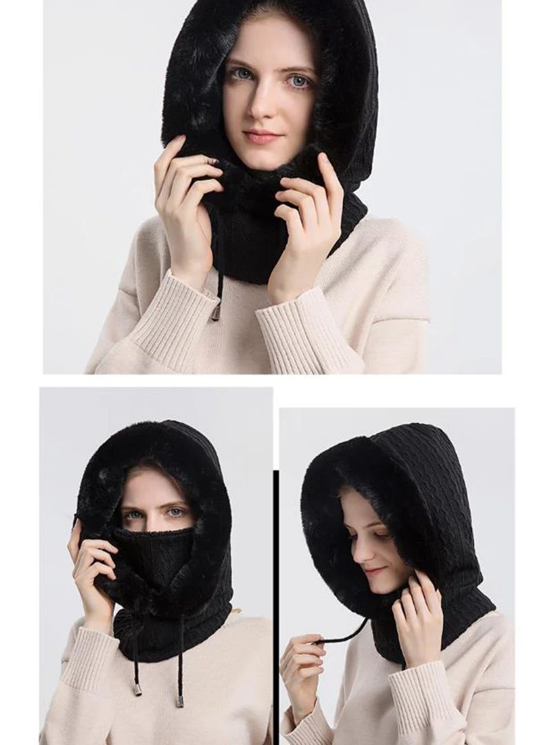 Winter Hat For Women Hooded Face Mask Fluff Keep Warm Thicken Style Neck Scarf Hooded Cap Beanie Knitted Cashmere Neck Warmer