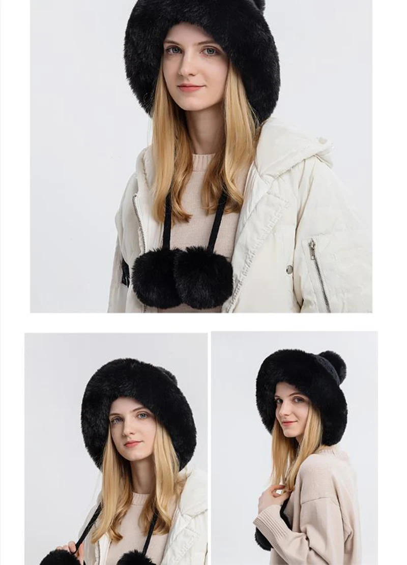 Winter Hat For Women Hooded Face Mask Fluff Keep Warm Thicken Style Neck Scarf Hooded Cap Beanie Knitted Cashmere Neck Warmer