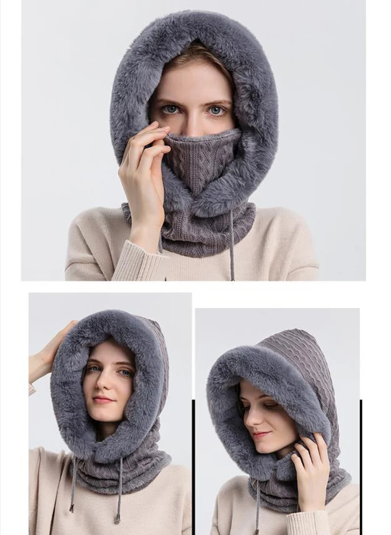 Winter Hat For Women Hooded Face Mask Fluff Keep Warm Thicken Style Neck Scarf Hooded Cap Beanie Knitted Cashmere Neck Warmer