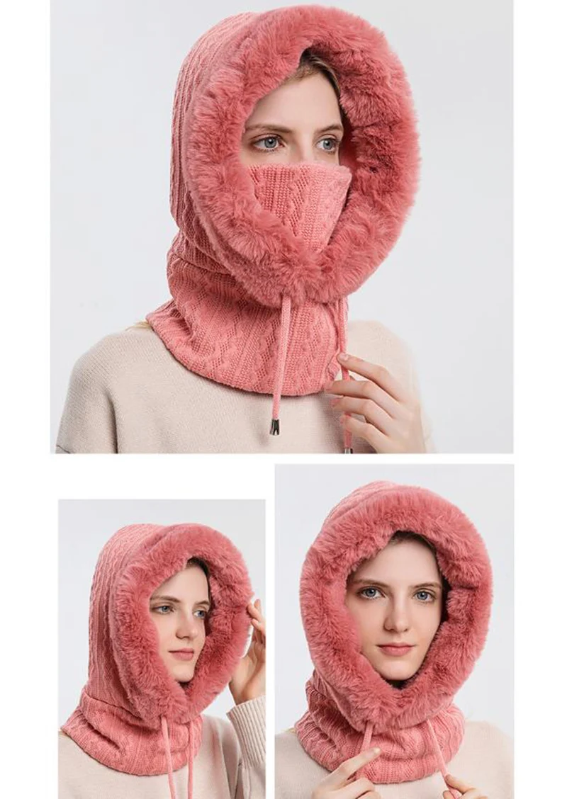 Winter Hat For Women Hooded Face Mask Fluff Keep Warm Thicken Style Neck Scarf Hooded Cap Beanie Knitted Cashmere Neck Warmer