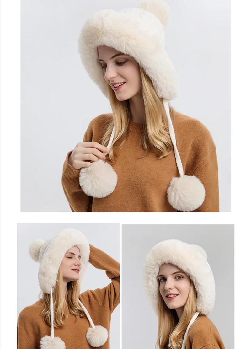 Winter Hat For Women Hooded Face Mask Fluff Keep Warm Thicken Style Neck Scarf Hooded Cap Beanie Knitted Cashmere Neck Warmer