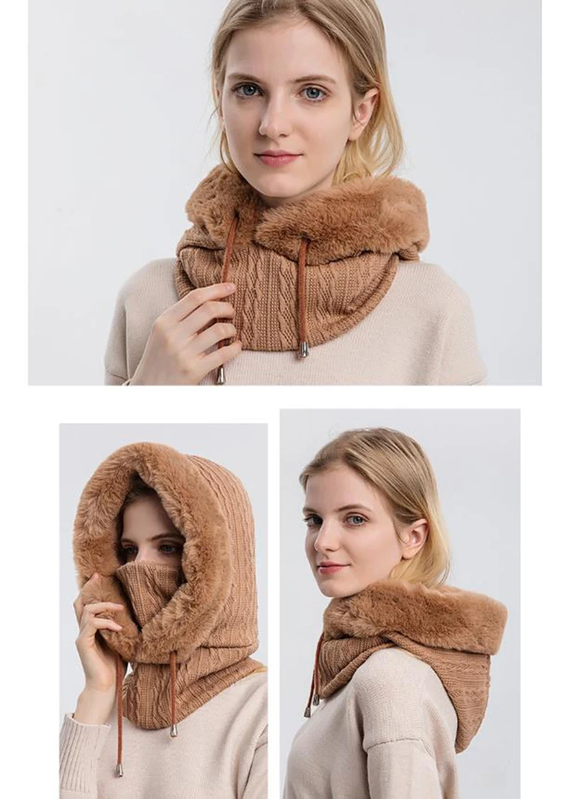 Winter Hat For Women Hooded Face Mask Fluff Keep Warm Thicken Style Neck Scarf Hooded Cap Beanie Knitted Cashmere Neck Warmer
