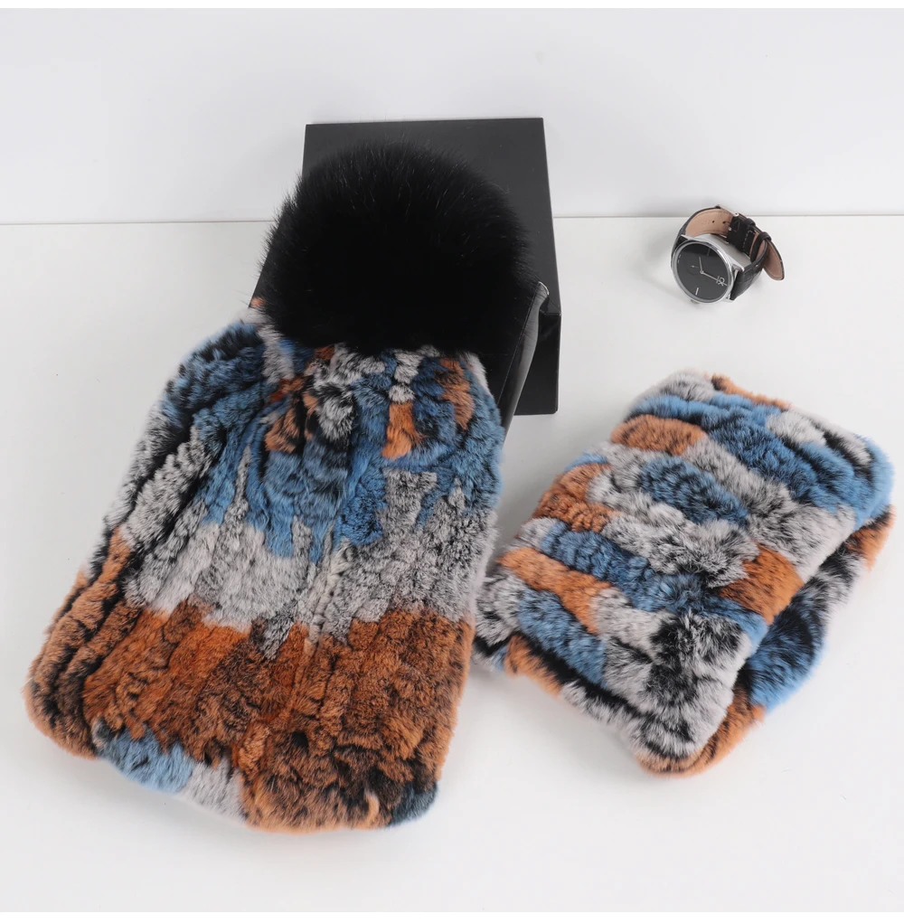 2026 New Fashion Knitted Good Elastic Real Fur Scarf Hat Sets Women Winter Warm 100% Natural Rex Rabbit Fur Scarves Hats Sets