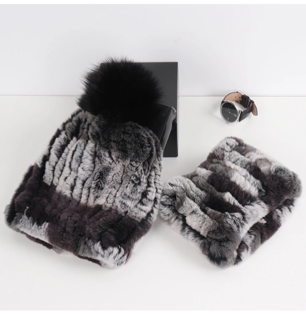 2026 New Fashion Knitted Good Elastic Real Fur Scarf Hat Sets Women Winter Warm 100% Natural Rex Rabbit Fur Scarves Hats Sets