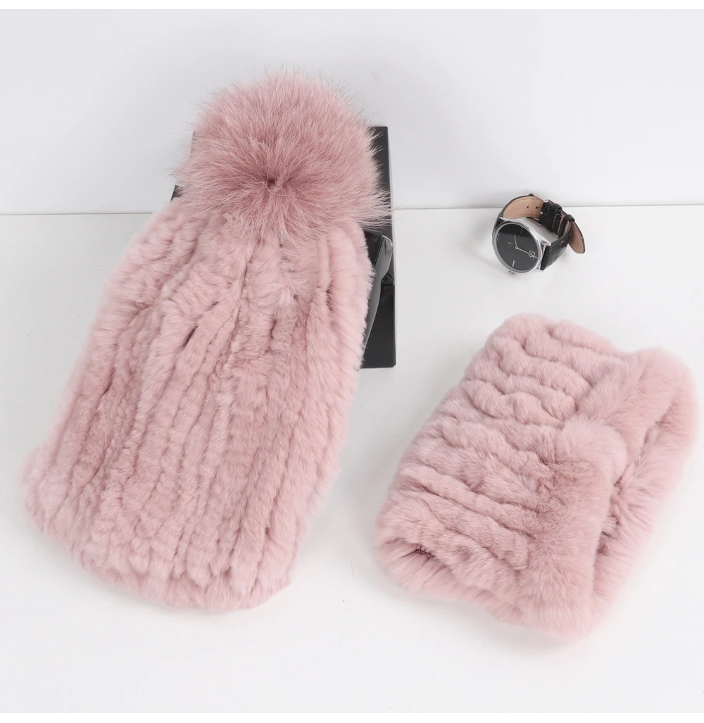2026 New Fashion Knitted Good Elastic Real Fur Scarf Hat Sets Women Winter Warm 100% Natural Rex Rabbit Fur Scarves Hats Sets