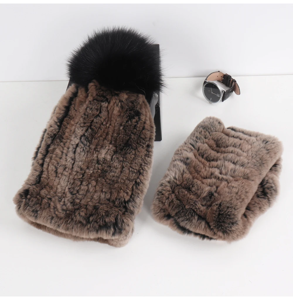 2026 New Fashion Knitted Good Elastic Real Fur Scarf Hat Sets Women Winter Warm 100% Natural Rex Rabbit Fur Scarves Hats Sets