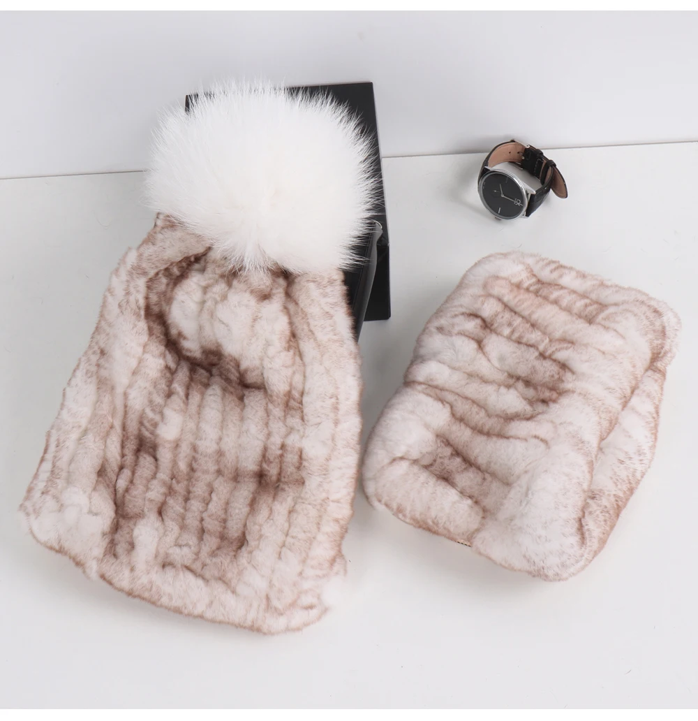 2026 New Fashion Knitted Good Elastic Real Fur Scarf Hat Sets Women Winter Warm 100% Natural Rex Rabbit Fur Scarves Hats Sets