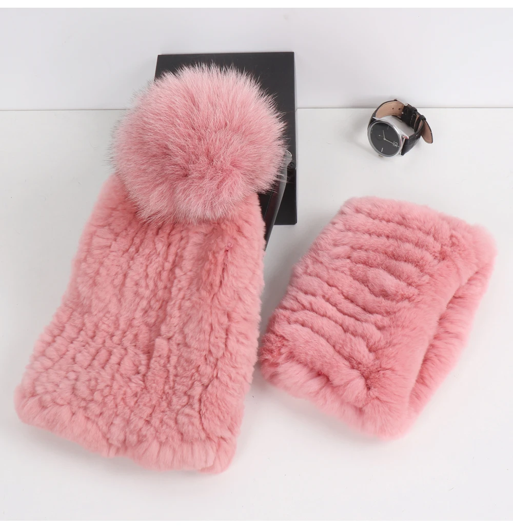 2026 New Fashion Knitted Good Elastic Real Fur Scarf Hat Sets Women Winter Warm 100% Natural Rex Rabbit Fur Scarves Hats Sets