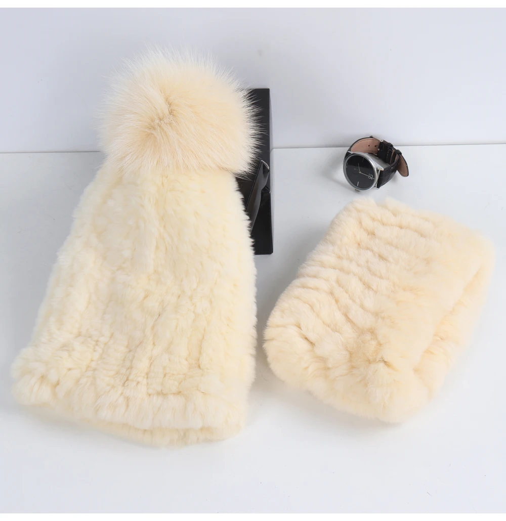2026 New Fashion Knitted Good Elastic Real Fur Scarf Hat Sets Women Winter Warm 100% Natural Rex Rabbit Fur Scarves Hats Sets