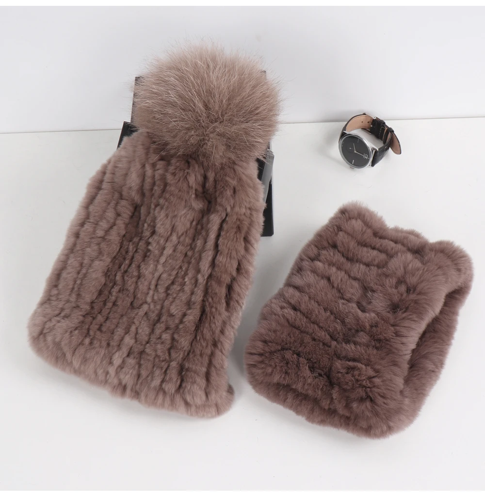 2026 New Fashion Knitted Good Elastic Real Fur Scarf Hat Sets Women Winter Warm 100% Natural Rex Rabbit Fur Scarves Hats Sets