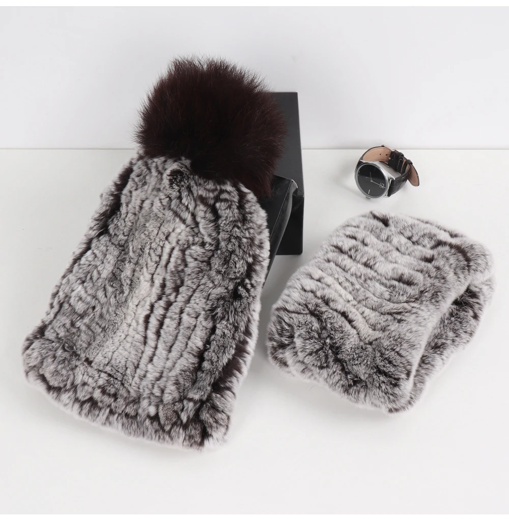 2026 New Fashion Knitted Good Elastic Real Fur Scarf Hat Sets Women Winter Warm 100% Natural Rex Rabbit Fur Scarves Hats Sets