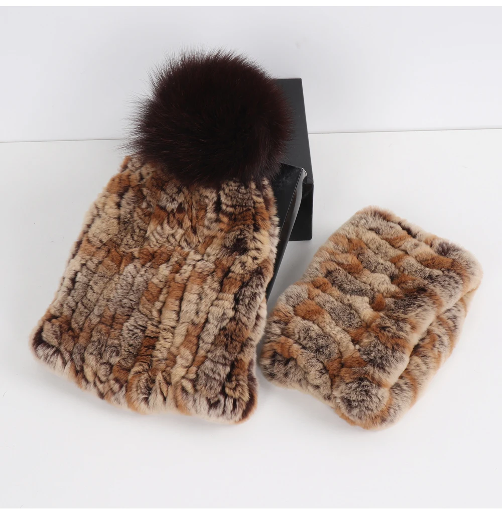 2026 New Fashion Knitted Good Elastic Real Fur Scarf Hat Sets Women Winter Warm 100% Natural Rex Rabbit Fur Scarves Hats Sets