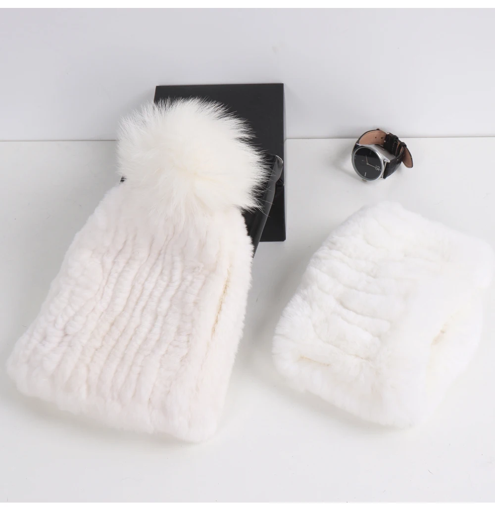 2026 New Fashion Knitted Good Elastic Real Fur Scarf Hat Sets Women Winter Warm 100% Natural Rex Rabbit Fur Scarves Hats Sets
