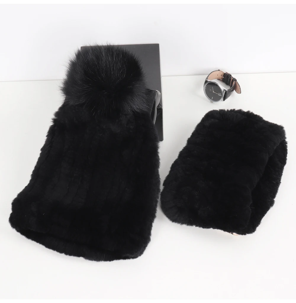 2026 New Fashion Knitted Good Elastic Real Fur Scarf Hat Sets Women Winter Warm 100% Natural Rex Rabbit Fur Scarves Hats Sets