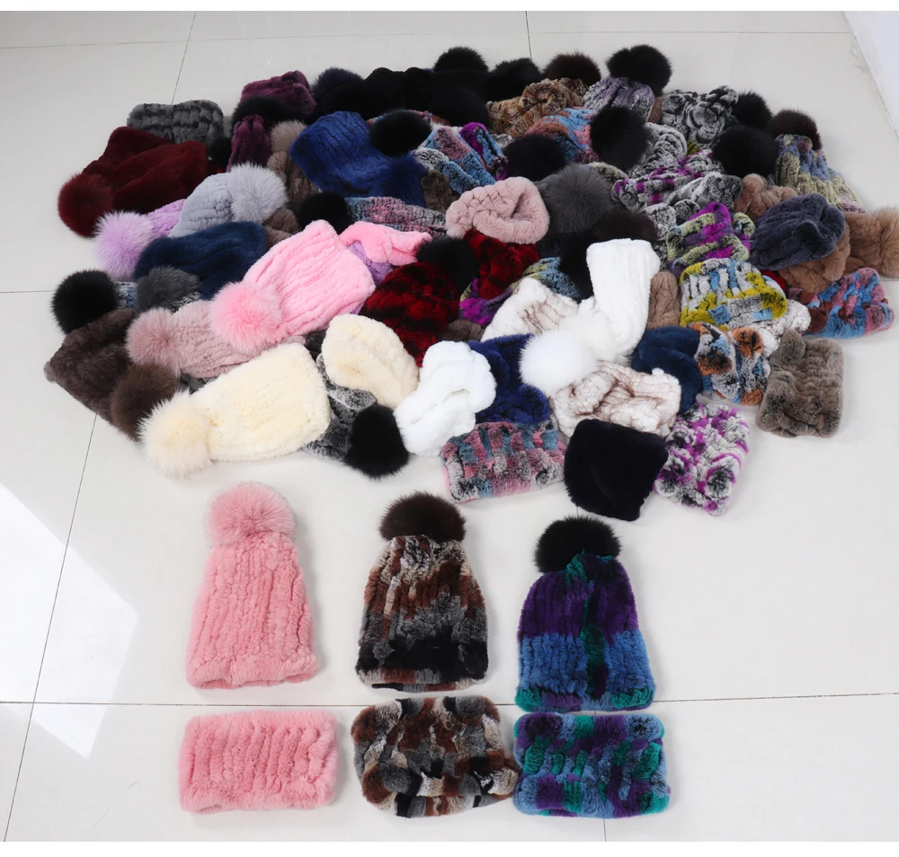 2026 New Fashion Knitted Good Elastic Real Fur Scarf Hat Sets Women Winter Warm 100% Natural Rex Rabbit Fur Scarves Hats Sets