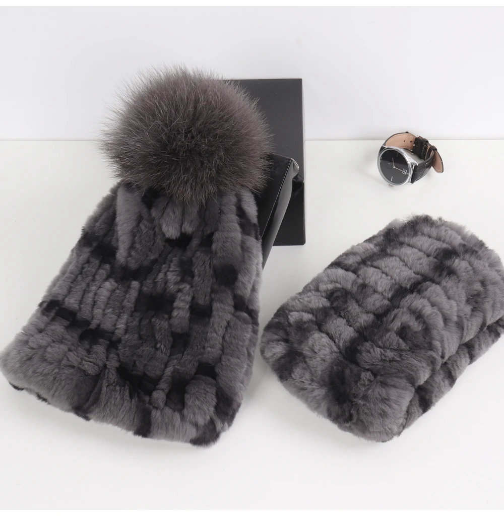 2026 New Fashion Knitted Good Elastic Real Fur Scarf Hat Sets Women Winter Warm 100% Natural Rex Rabbit Fur Scarves Hats Sets