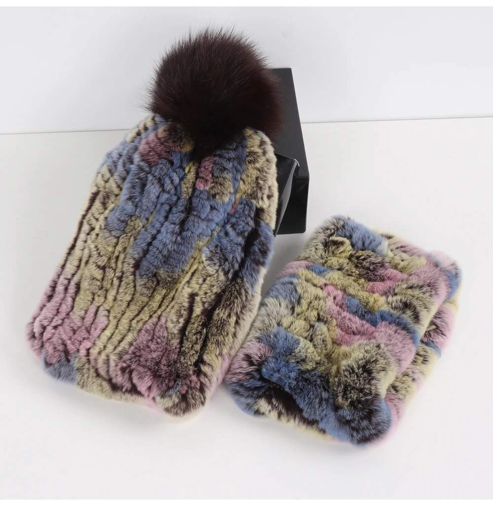 2026 New Fashion Knitted Good Elastic Real Fur Scarf Hat Sets Women Winter Warm 100% Natural Rex Rabbit Fur Scarves Hats Sets