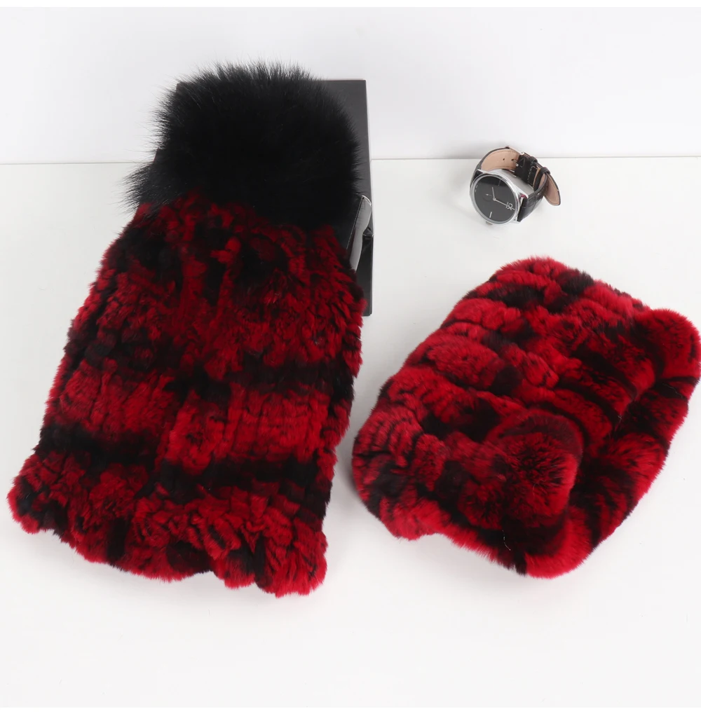 2026 New Fashion Knitted Good Elastic Real Fur Scarf Hat Sets Women Winter Warm 100% Natural Rex Rabbit Fur Scarves Hats Sets