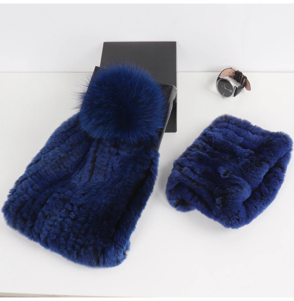 2026 New Fashion Knitted Good Elastic Real Fur Scarf Hat Sets Women Winter Warm 100% Natural Rex Rabbit Fur Scarves Hats Sets