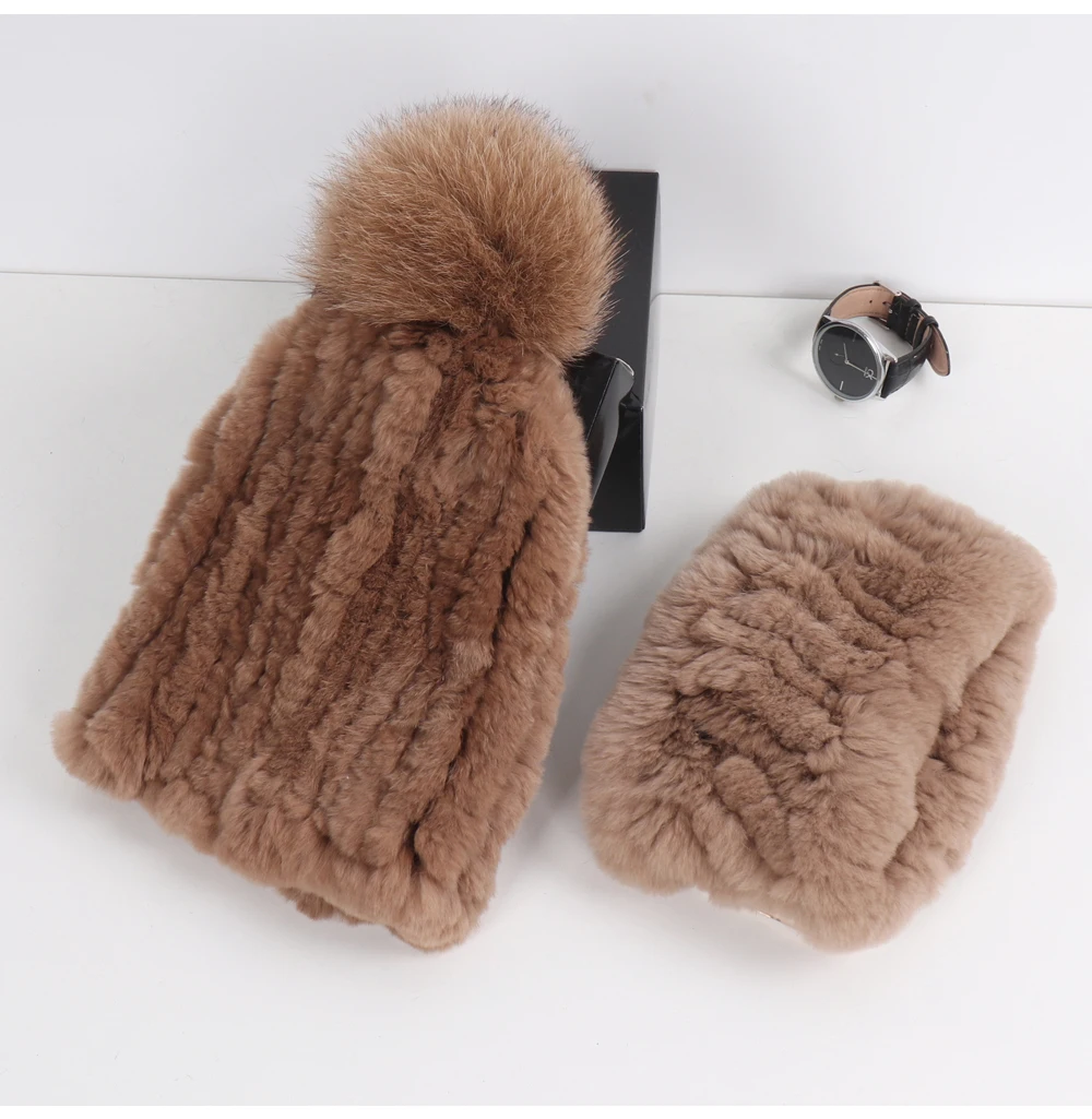2026 New Fashion Knitted Good Elastic Real Fur Scarf Hat Sets Women Winter Warm 100% Natural Rex Rabbit Fur Scarves Hats Sets