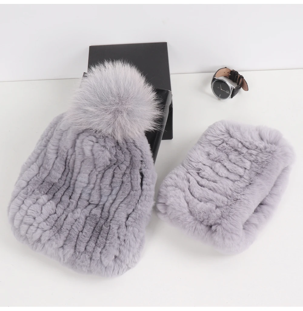 2026 New Fashion Knitted Good Elastic Real Fur Scarf Hat Sets Women Winter Warm 100% Natural Rex Rabbit Fur Scarves Hats Sets