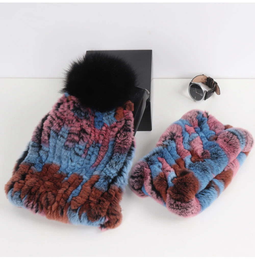 2026 New Fashion Knitted Good Elastic Real Fur Scarf Hat Sets Women Winter Warm 100% Natural Rex Rabbit Fur Scarves Hats Sets
