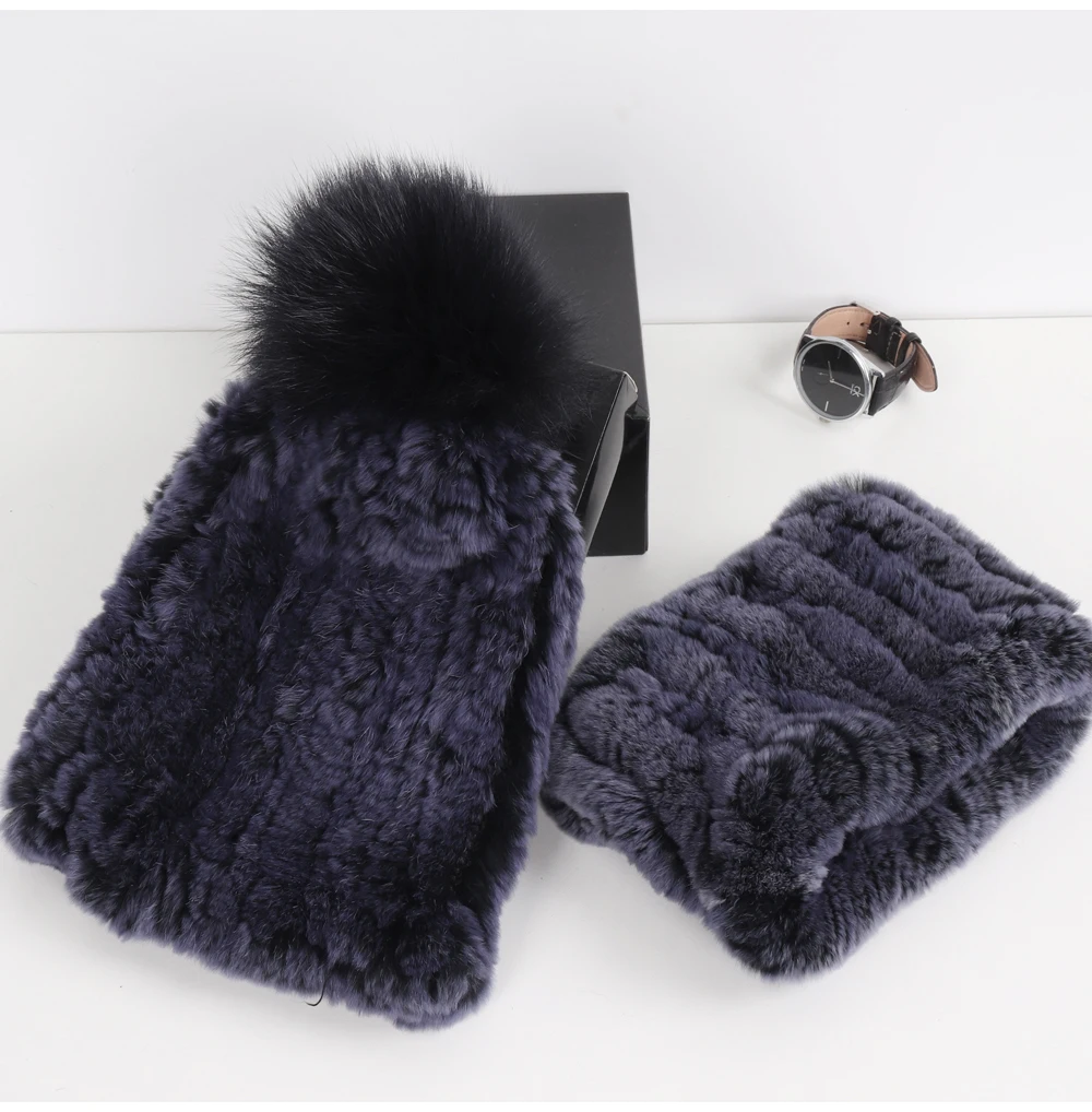 2026 New Fashion Knitted Good Elastic Real Fur Scarf Hat Sets Women Winter Warm 100% Natural Rex Rabbit Fur Scarves Hats Sets