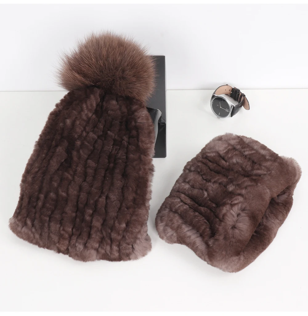 2026 New Fashion Knitted Good Elastic Real Fur Scarf Hat Sets Women Winter Warm 100% Natural Rex Rabbit Fur Scarves Hats Sets
