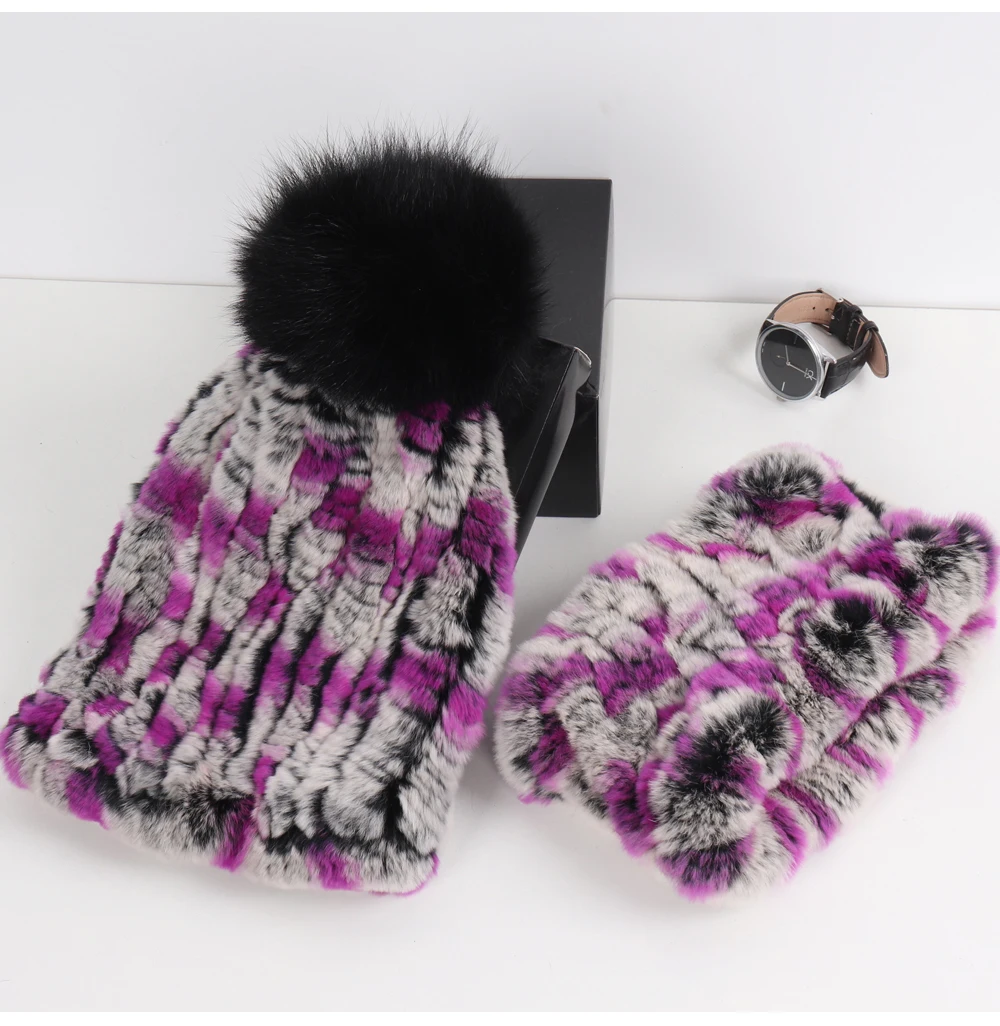 2026 New Fashion Knitted Good Elastic Real Fur Scarf Hat Sets Women Winter Warm 100% Natural Rex Rabbit Fur Scarves Hats Sets