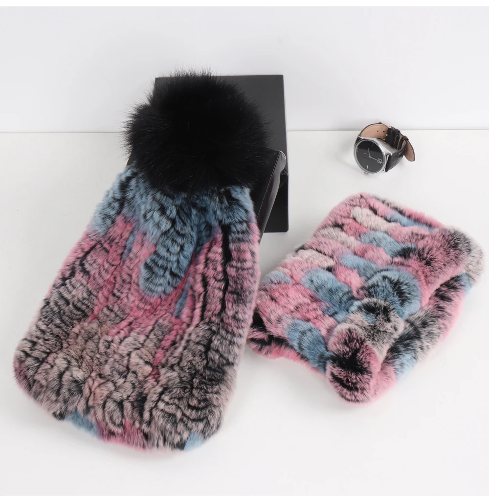 2026 New Fashion Knitted Good Elastic Real Fur Scarf Hat Sets Women Winter Warm 100% Natural Rex Rabbit Fur Scarves Hats Sets