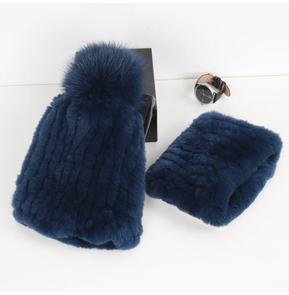 2026 New Fashion Knitted Good Elastic Real Fur Scarf Hat Sets Women Winter Warm 100% Natural Rex Rabbit Fur Scarves Hats Sets