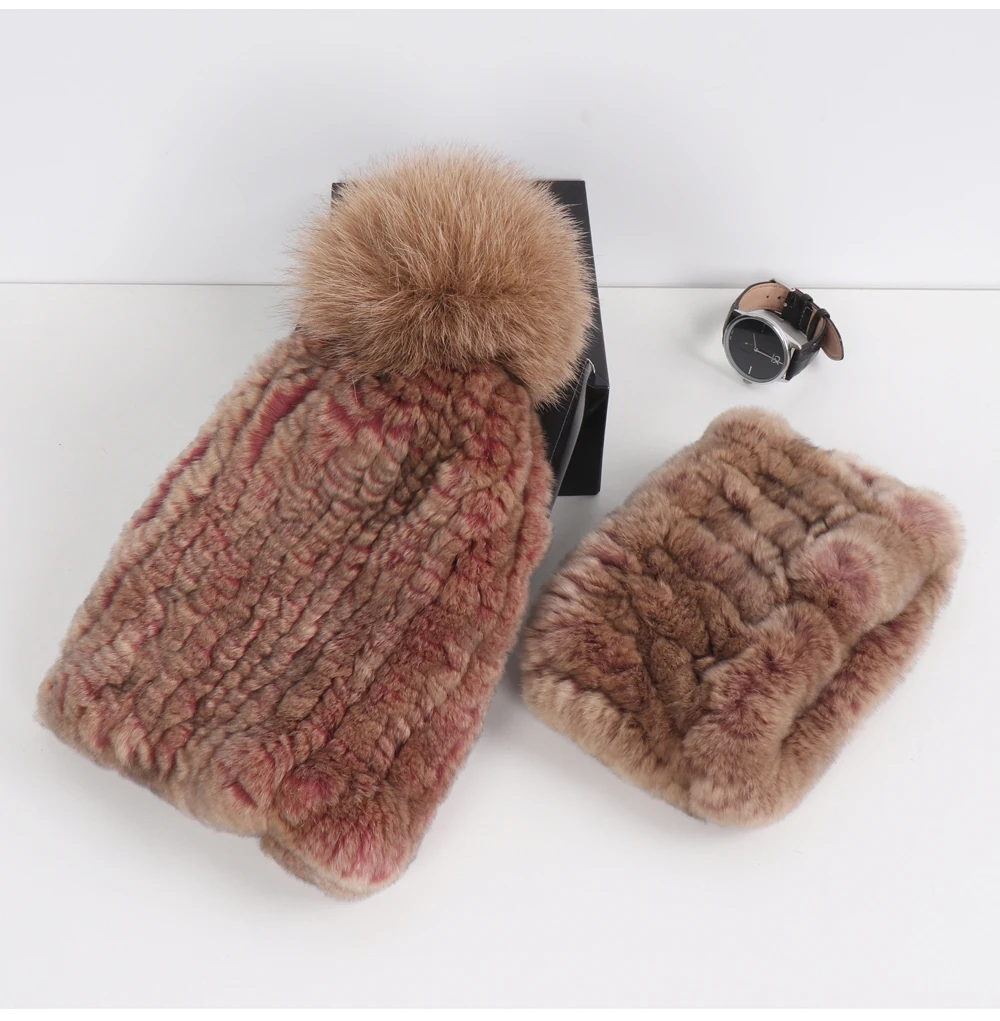 2026 New Fashion Knitted Good Elastic Real Fur Scarf Hat Sets Women Winter Warm 100% Natural Rex Rabbit Fur Scarves Hats Sets