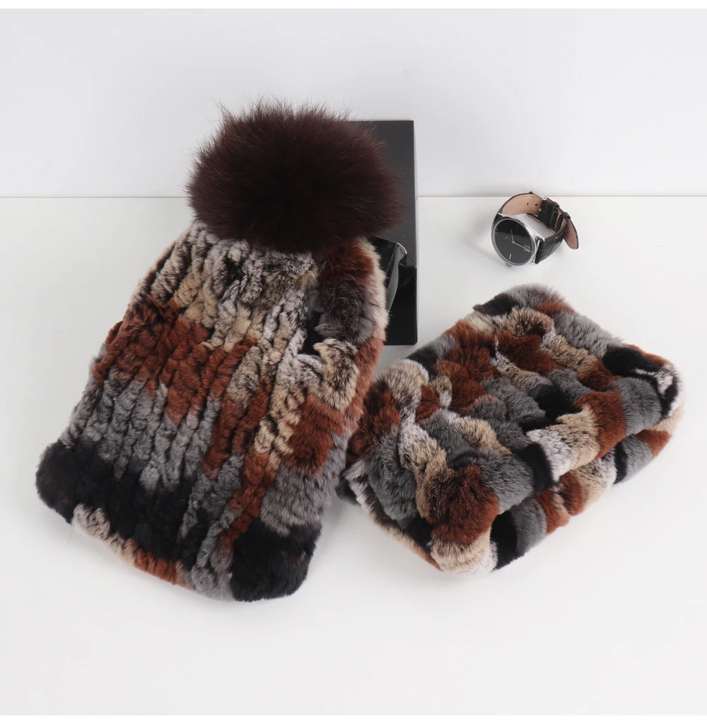 2026 New Fashion Knitted Good Elastic Real Fur Scarf Hat Sets Women Winter Warm 100% Natural Rex Rabbit Fur Scarves Hats Sets