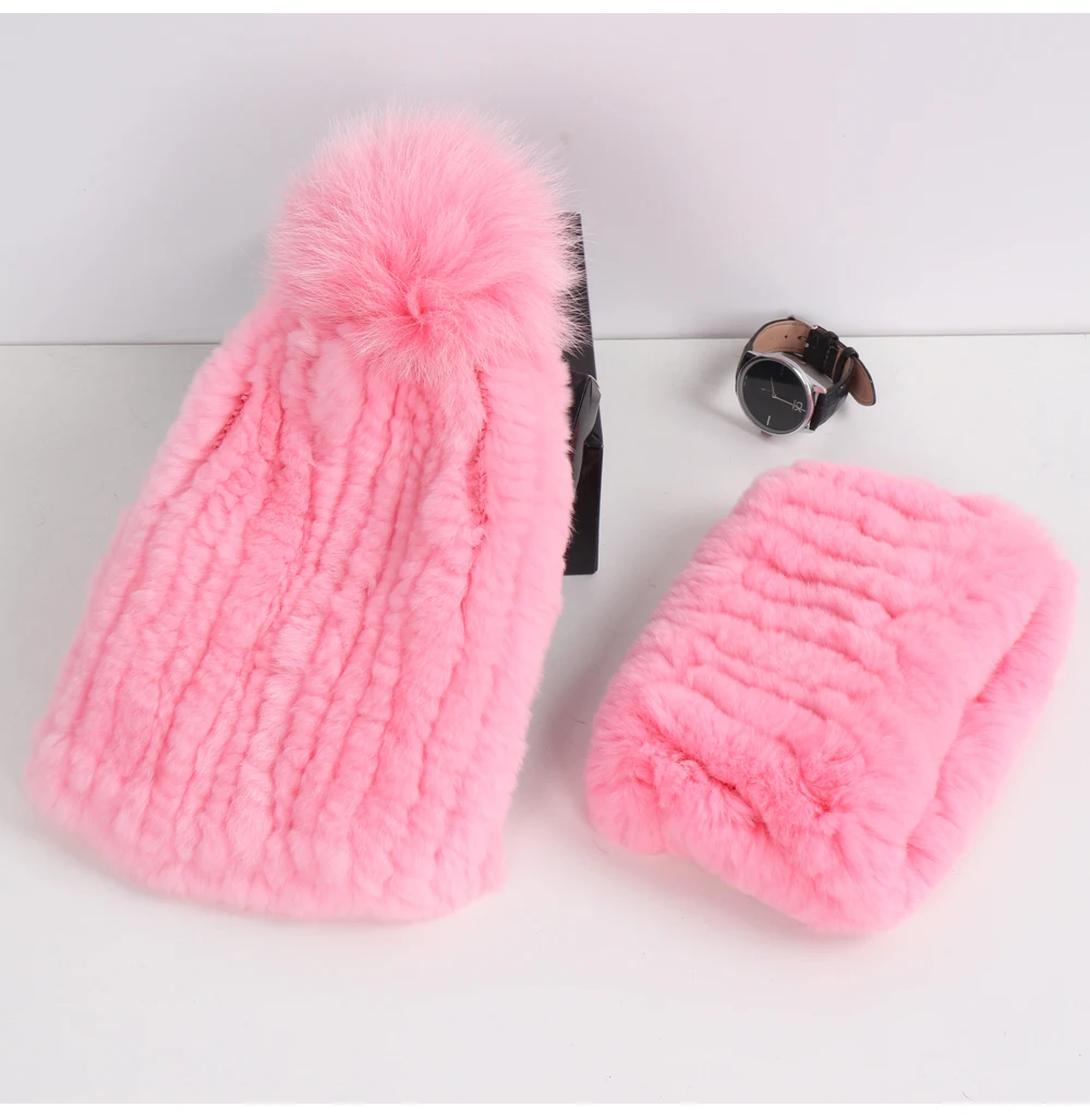 2026 New Fashion Knitted Good Elastic Real Fur Scarf Hat Sets Women Winter Warm 100% Natural Rex Rabbit Fur Scarves Hats Sets