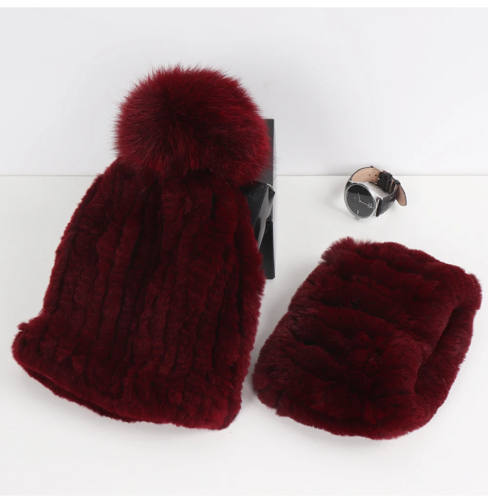 2026 New Fashion Knitted Good Elastic Real Fur Scarf Hat Sets Women Winter Warm 100% Natural Rex Rabbit Fur Scarves Hats Sets