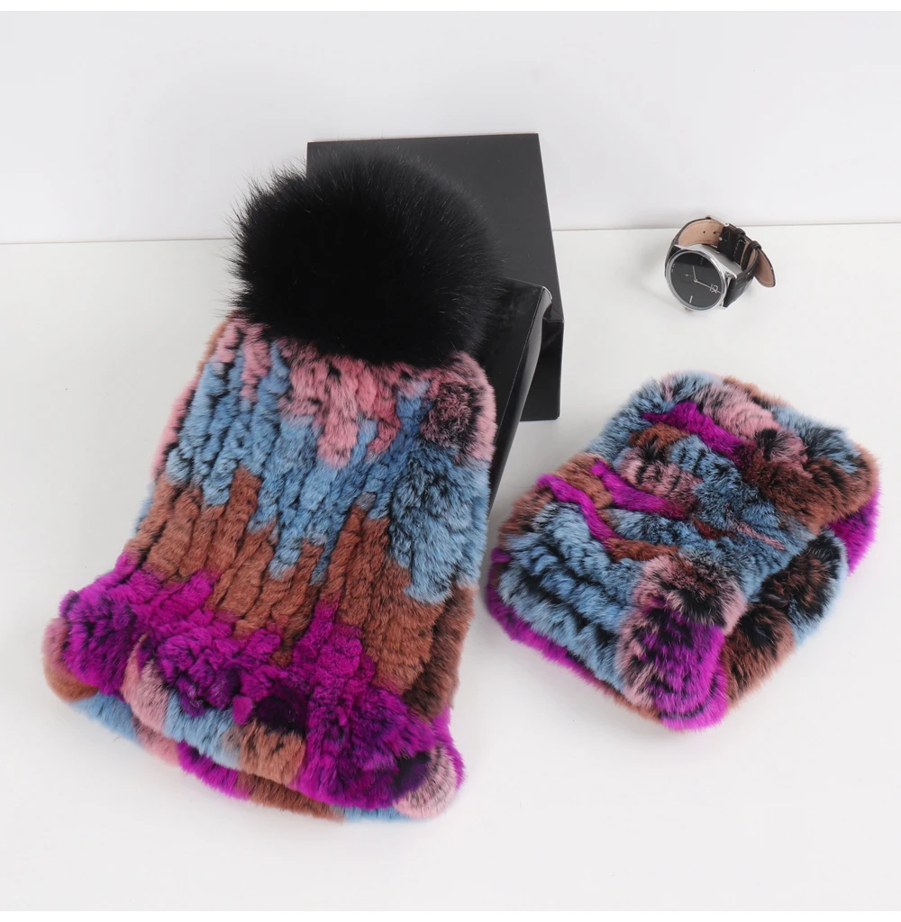 2026 New Fashion Knitted Good Elastic Real Fur Scarf Hat Sets Women Winter Warm 100% Natural Rex Rabbit Fur Scarves Hats Sets