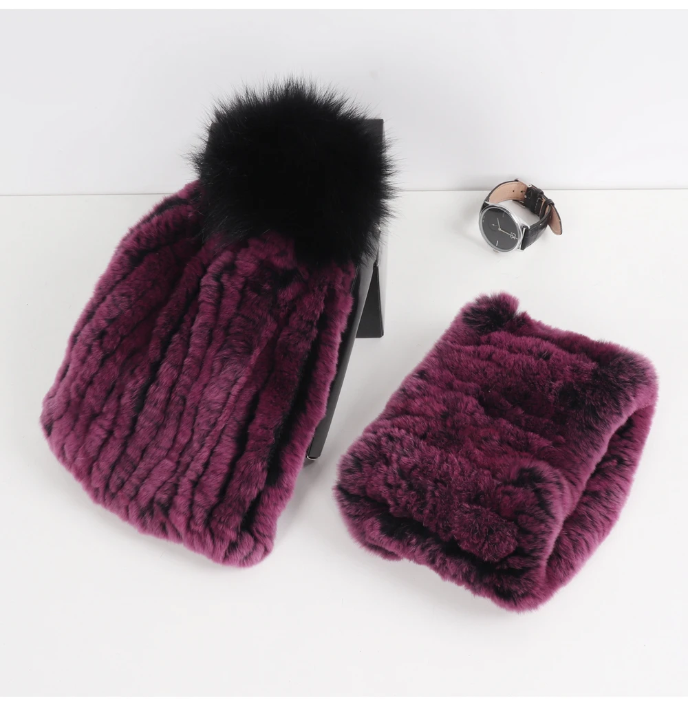2026 New Fashion Knitted Good Elastic Real Fur Scarf Hat Sets Women Winter Warm 100% Natural Rex Rabbit Fur Scarves Hats Sets