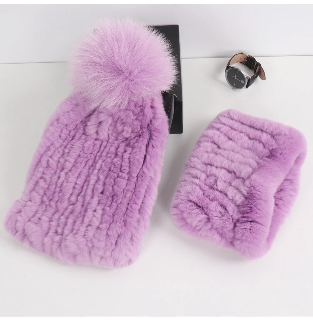 2026 New Fashion Knitted Good Elastic Real Fur Scarf Hat Sets Women Winter Warm 100% Natural Rex Rabbit Fur Scarves Hats Sets