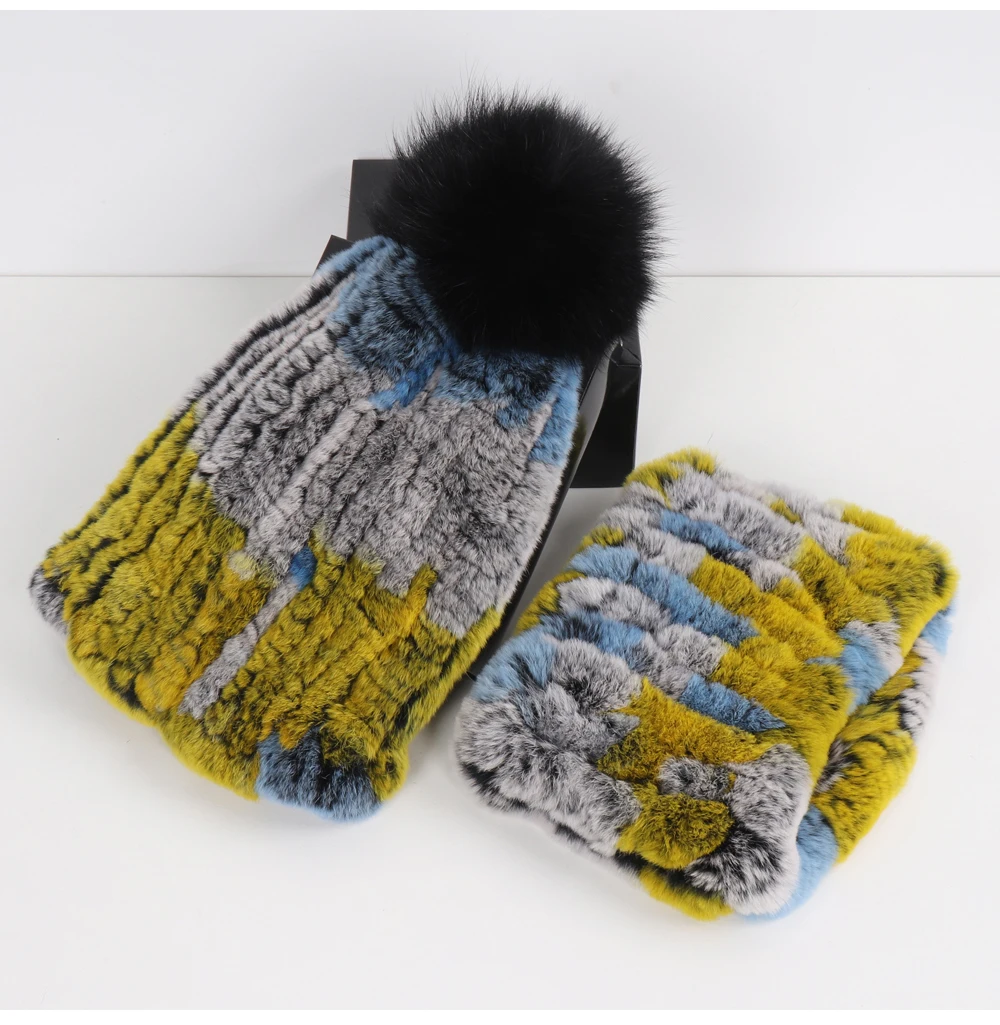 2026 New Fashion Knitted Good Elastic Real Fur Scarf Hat Sets Women Winter Warm 100% Natural Rex Rabbit Fur Scarves Hats Sets