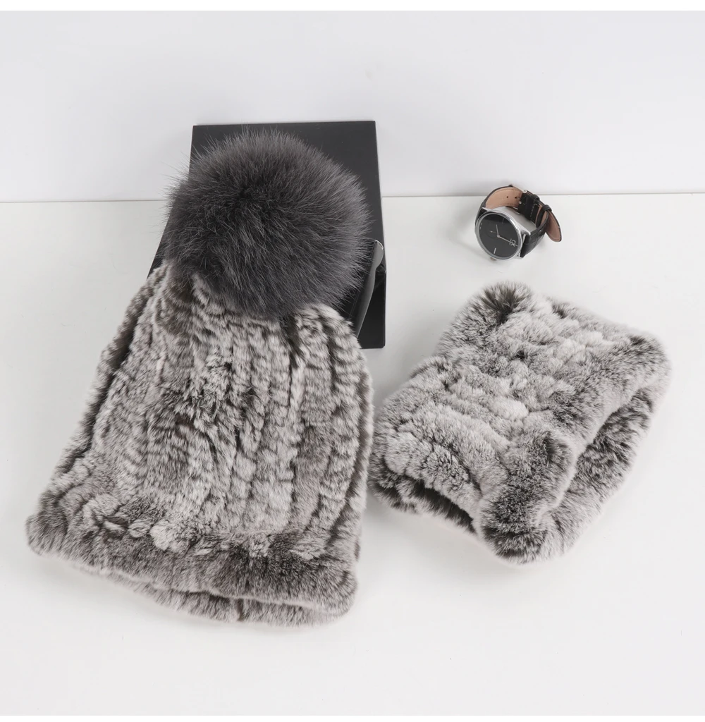 2026 New Fashion Knitted Good Elastic Real Fur Scarf Hat Sets Women Winter Warm 100% Natural Rex Rabbit Fur Scarves Hats Sets
