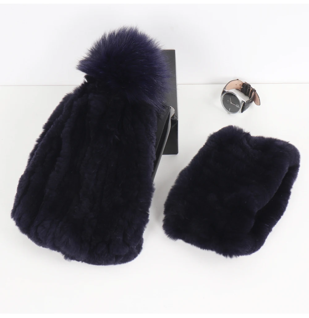 2026 New Fashion Knitted Good Elastic Real Fur Scarf Hat Sets Women Winter Warm 100% Natural Rex Rabbit Fur Scarves Hats Sets